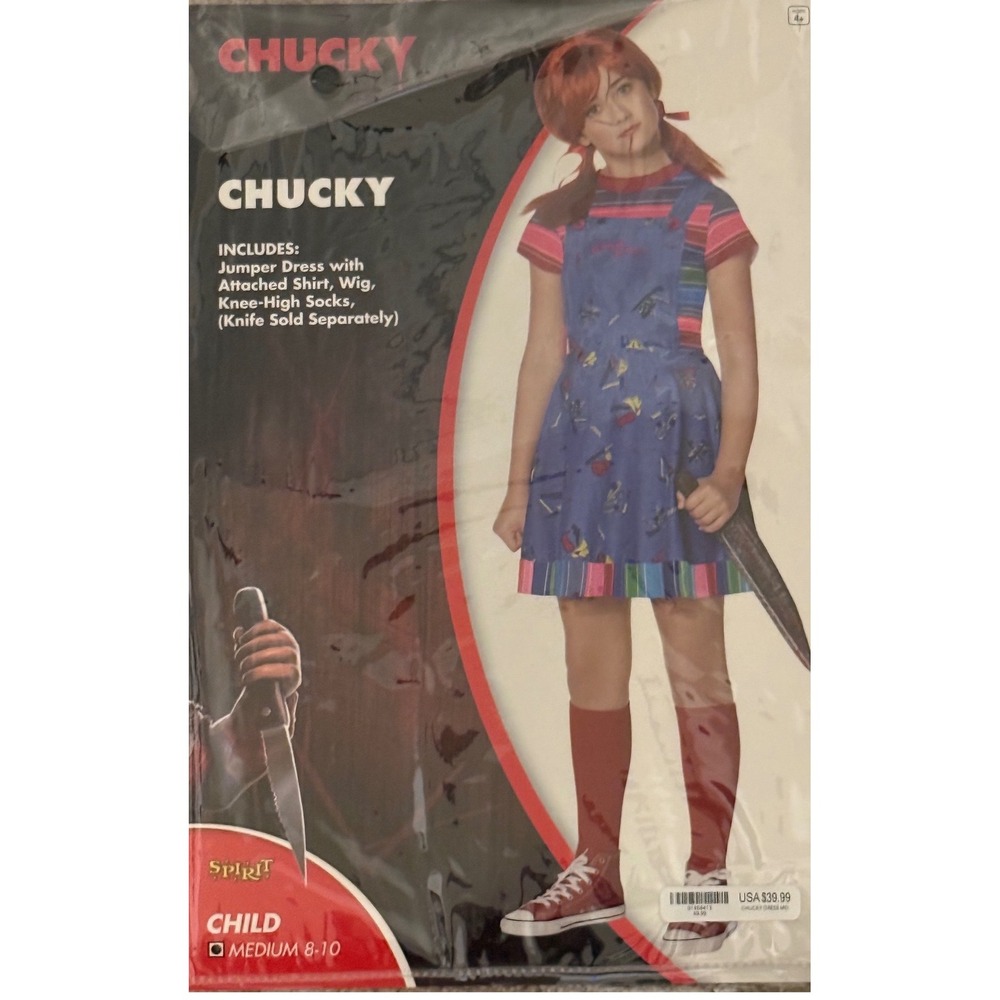 Spirit Halloween Chucky Costume Kids M 8-10 Blue Good Jumper Dress Wig Socks